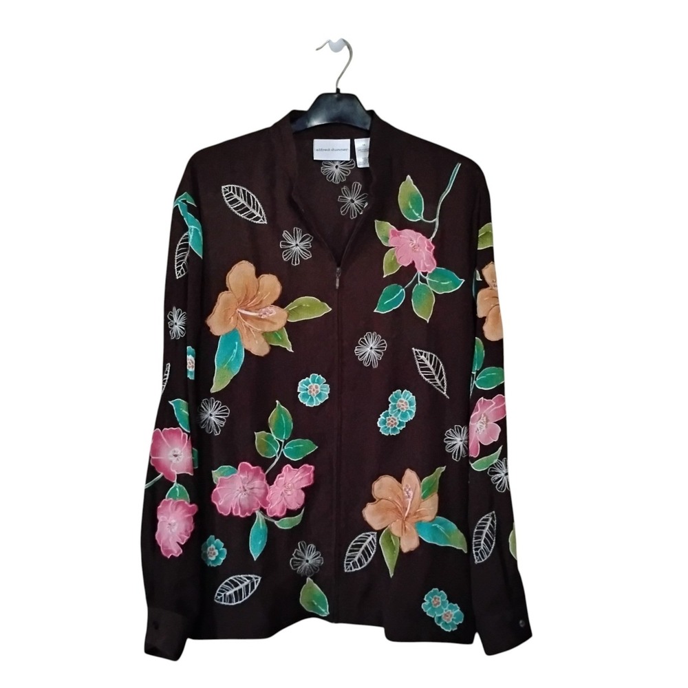 Alfred Dunner Womens 14 Brown Tropical Floral Zip Up Long Sleeve Blouse Top